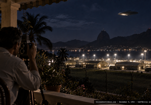 Illustration of a man photographing a motionless, light-reflecting object over a military installation from a Rio de Janeiro veranda at night, December 9, 1954