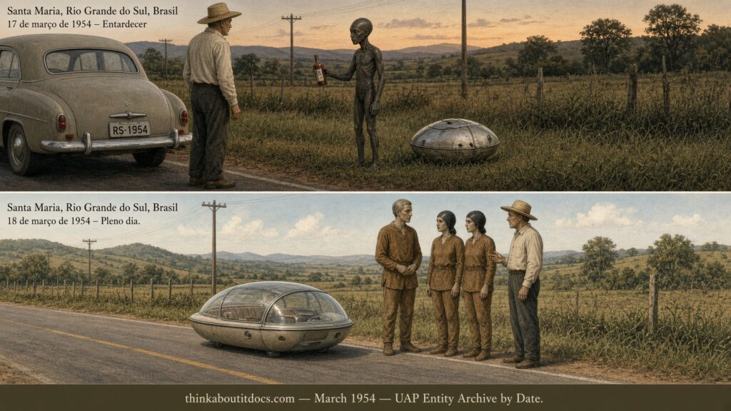 Illustration of a rugby-ball-shaped craft and a casserole-shaped craft with humanoid occupants on consecutive days near Santa Maria, Brazil, March 1954