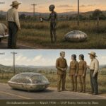 Illustration of a rugby-ball-shaped craft and a casserole-shaped craft with humanoid occupants on consecutive days near Santa Maria, Brazil, March 1954