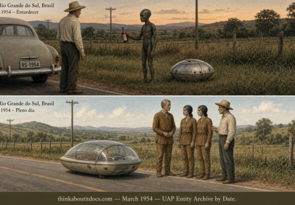 Illustration of a rugby-ball-shaped craft and a casserole-shaped craft with humanoid occupants on consecutive days near Santa Maria, Brazil, March 1954