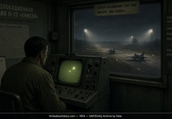 Illustration of a Soviet radar station and scrambling MiG-15 fighters at night, Saratov region, Russia, 1954