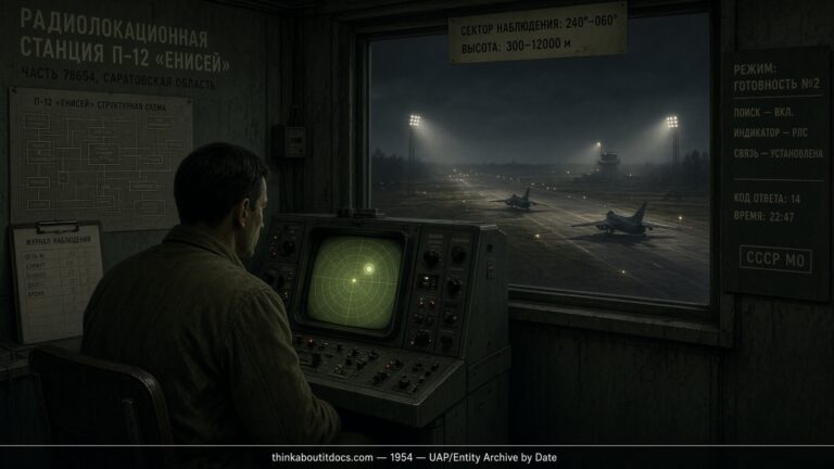 Illustration of a Soviet radar station and scrambling MiG-15 fighters at night, Saratov region, Russia, 1954