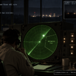 Illustration of a 1950s Air Force radar scope showing an unidentified blip near a restricted nuclear-facility zone at night, February 15, 1954