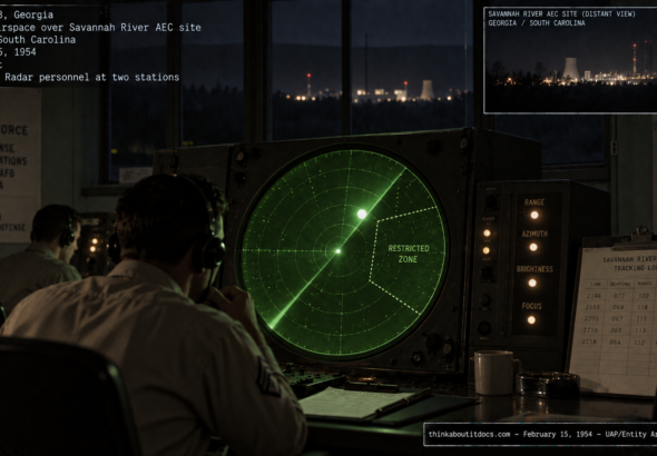 Illustration of a 1950s Air Force radar scope showing an unidentified blip near a restricted nuclear-facility zone at night, February 15, 1954
