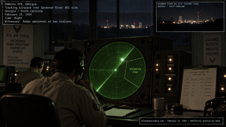 Illustration of a 1950s Air Force radar scope showing an unidentified blip near a restricted nuclear-facility zone at night, February 15, 1954