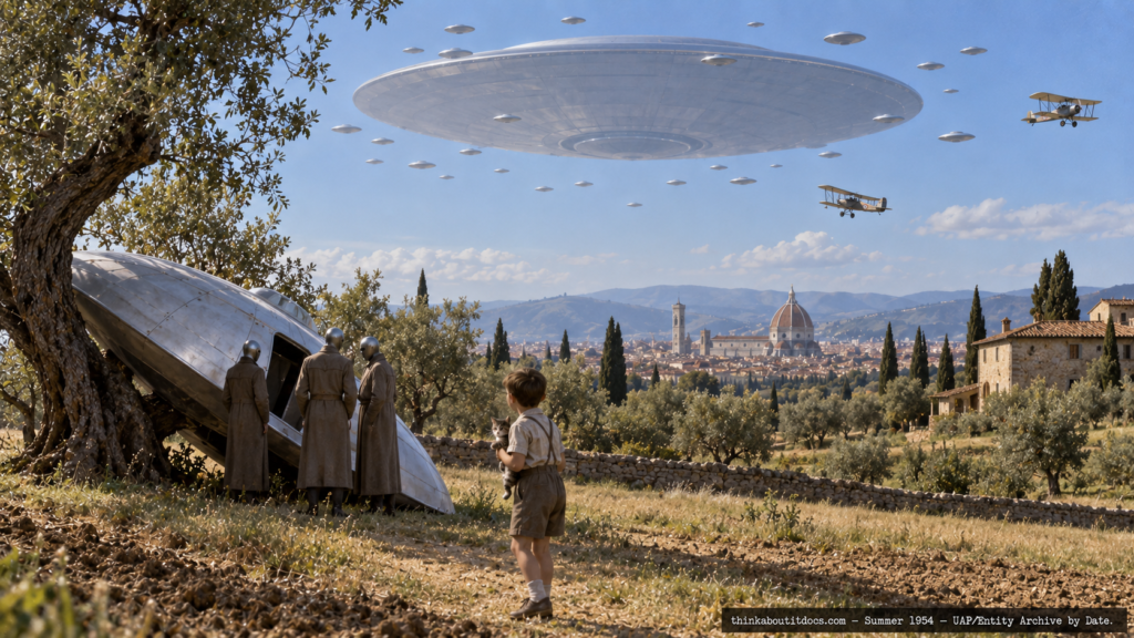 Illustration of a boy near a small disc craft and three tall figures, with a huge mothership and dozens of smaller discs overhead, Sesto Fiorentino, Florence, Italy, summer 1954