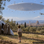 Illustration of a boy near a small disc craft and three tall figures, with a huge mothership and dozens of smaller discs overhead, Sesto Fiorentino, Florence, Italy, summer 1954