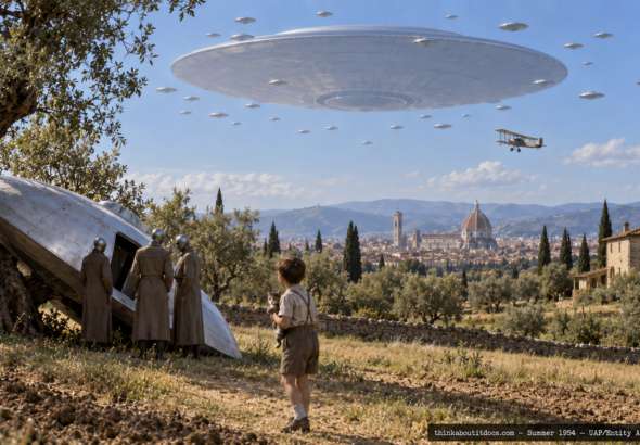 Illustration of a boy near a small disc craft and three tall figures, with a huge mothership and dozens of smaller discs overhead, Sesto Fiorentino, Florence, Italy, summer 1954