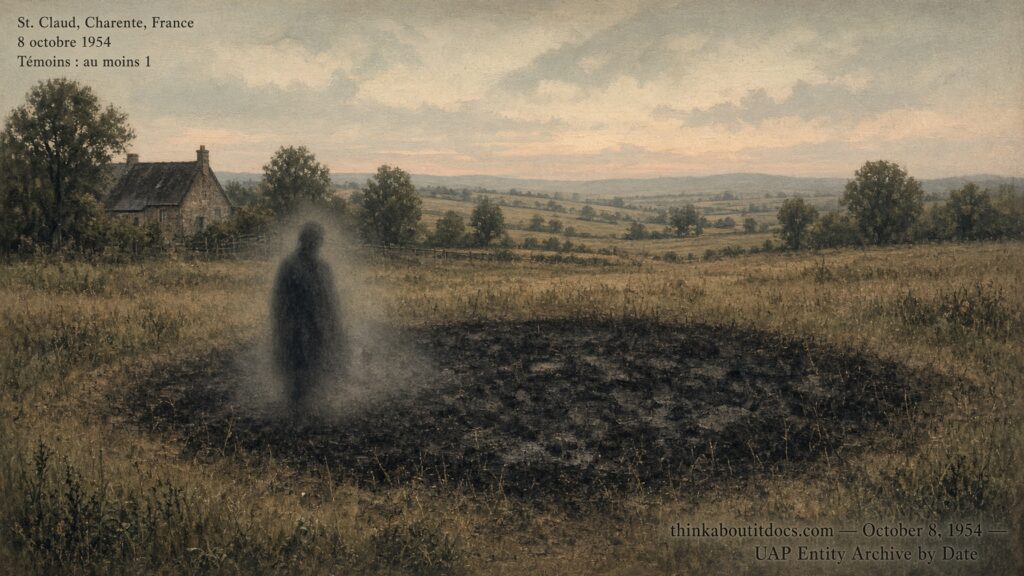 Illustration of a burnt grass patch with a fading human-shaped silhouette nearby in a French field, St. Claud, France, October 8, 1954