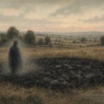 Illustration of a burnt grass patch with a fading human-shaped silhouette nearby in a French field, St. Claud, France, October 8, 1954