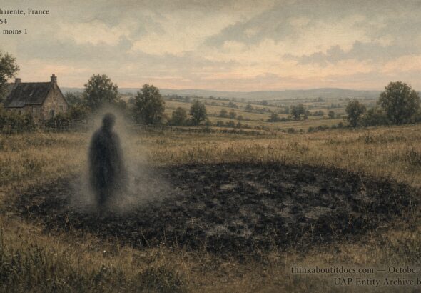 Illustration of a burnt grass patch with a fading human-shaped silhouette nearby in a French field, St. Claud, France, October 8, 1954