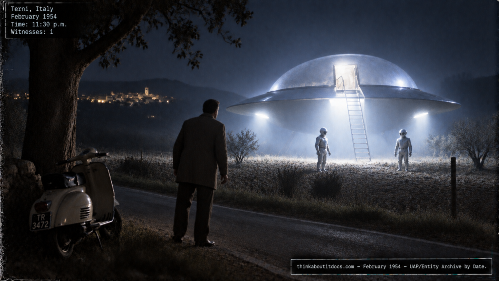 Illustration of a domed disc craft with a lowered ladder and two small suited entities beside a frozen witness near Terni, Italy, February 1954