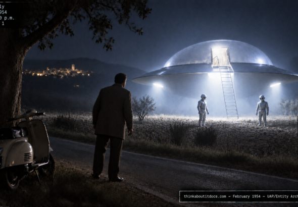 Illustration of a domed disc craft with a lowered ladder and two small suited entities beside a frozen witness near Terni, Italy, February 1954