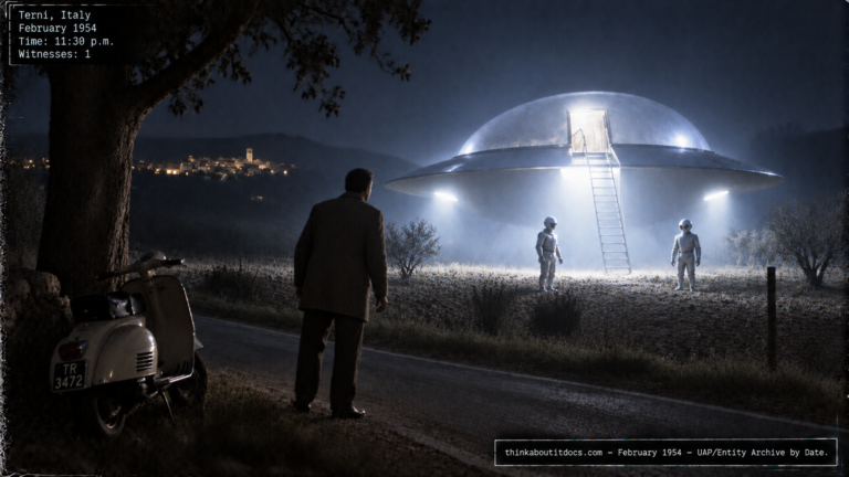 Illustration of a domed disc craft with a lowered ladder and two small suited entities beside a frozen witness near Terni, Italy, February 1954