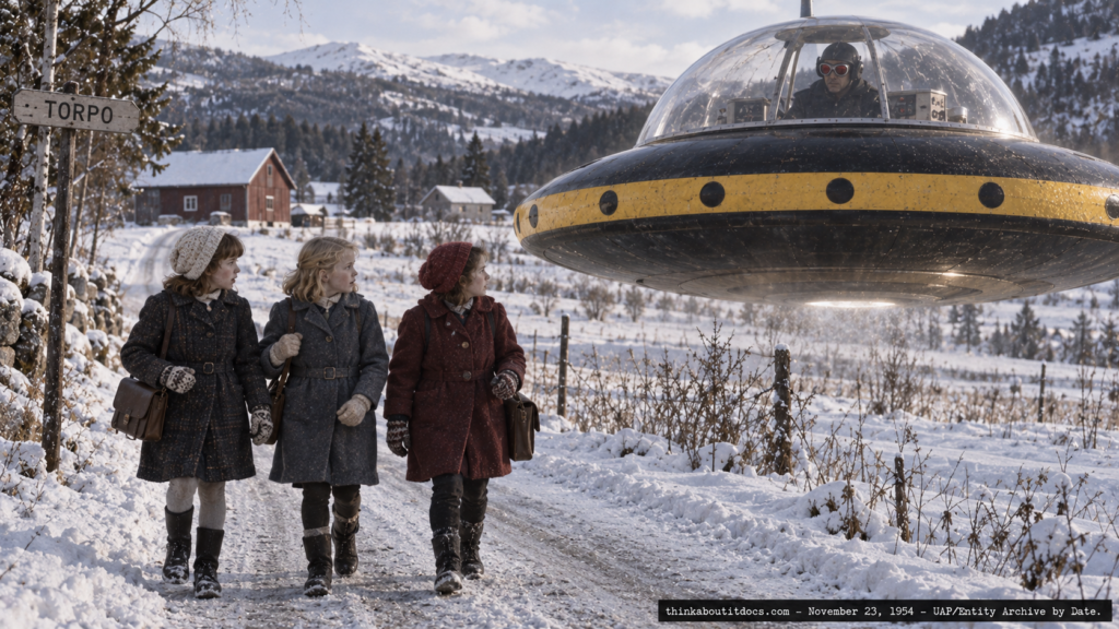 Illustration of three schoolgirls walking beside a hovering saucer with a goggled pilot visible through its transparent dome, Torpo, Norway, November 23, 1954