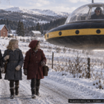 Illustration of three schoolgirls walking beside a hovering saucer with a goggled pilot visible through its transparent dome, Torpo, Norway, November 23, 1954