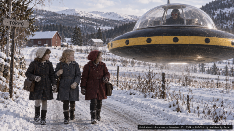 Illustration of three schoolgirls walking beside a hovering saucer with a goggled pilot visible through its transparent dome, Torpo, Norway, November 23, 1954