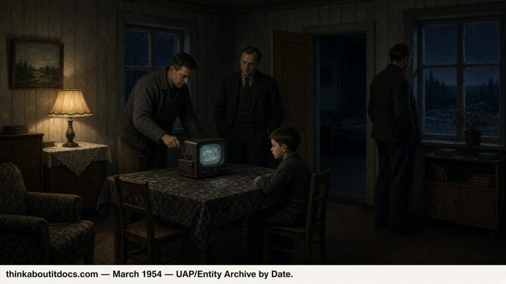 Illustration of three visitors and a boy at a table with a crank-operated device in a Finnish farmhouse at night, March 1954