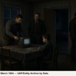 Illustration of three visitors and a boy at a table with a crank-operated device in a Finnish farmhouse at night, March 1954