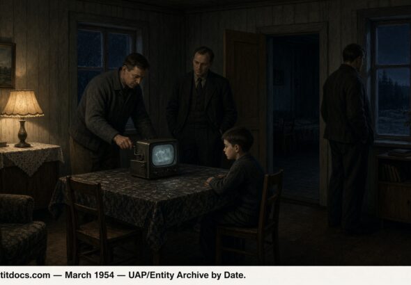 Illustration of three visitors and a boy at a table with a crank-operated device in a Finnish farmhouse at night, March 1954