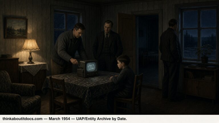 Illustration of three visitors and a boy at a table with a crank-operated device in a Finnish farmhouse at night, March 1954