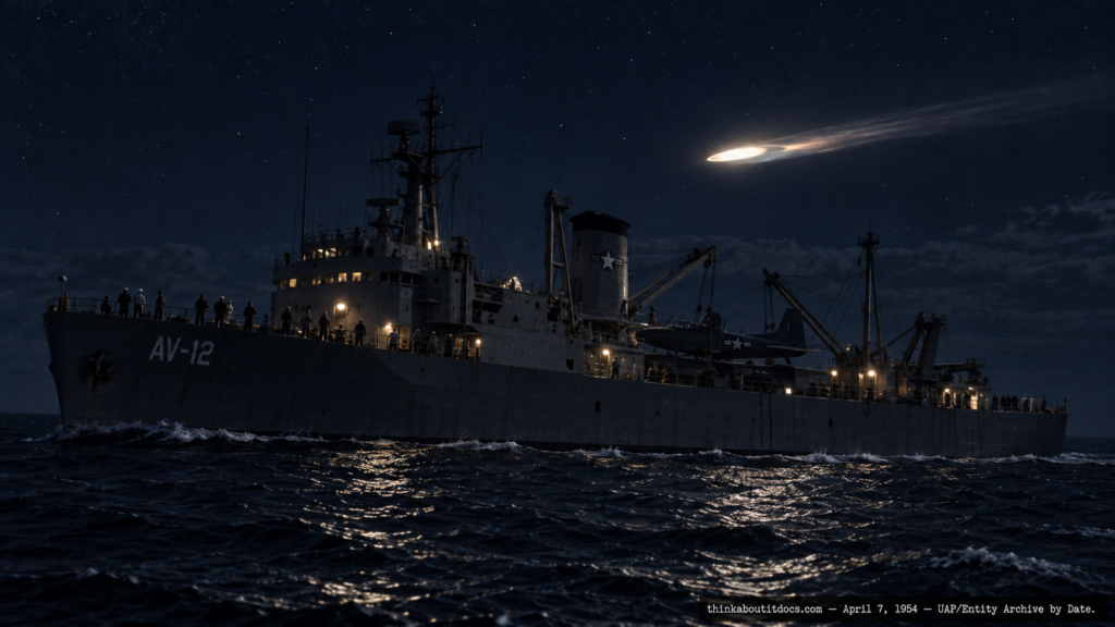 Illustration of a luminous object passing low over the USS Curtiss at night at sea, April 7, 1954