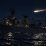 Illustration of a luminous object passing low over the USS Curtiss at night at sea, April 7, 1954