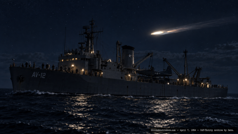 Illustration of a luminous object passing low over the USS Curtiss at night at sea, April 7, 1954