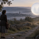 Illustration of a luminous white sphere with translucent walls hovering over a rural French hillside path at dawn, October 12, 1954