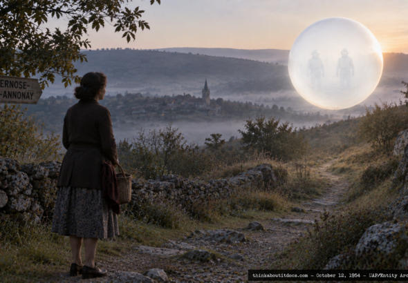 Illustration of a luminous white sphere with translucent walls hovering over a rural French hillside path at dawn, October 12, 1954