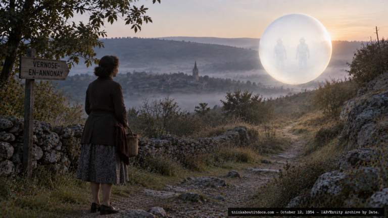 Illustration of a luminous white sphere with translucent walls hovering over a rural French hillside path at dawn, October 12, 1954