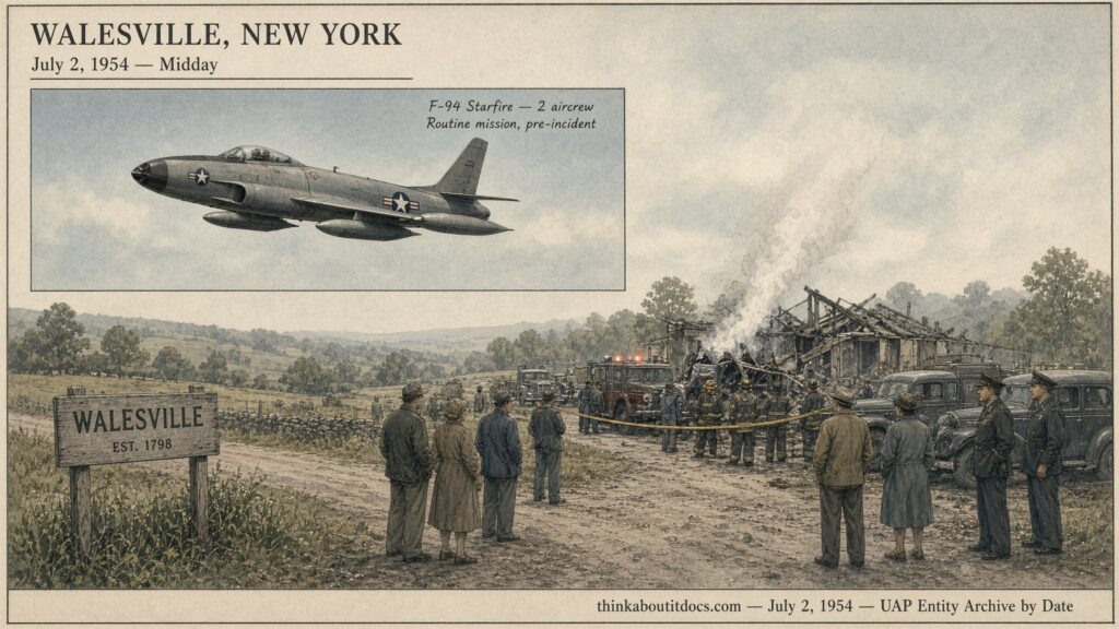 Restrained illustration of an F-94 Starfire jet in flight and a small New York hamlet crash site, July 2, 1954