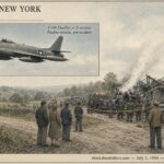 Restrained illustration of an F-94 Starfire jet in flight and a small New York hamlet crash site, July 2, 1954