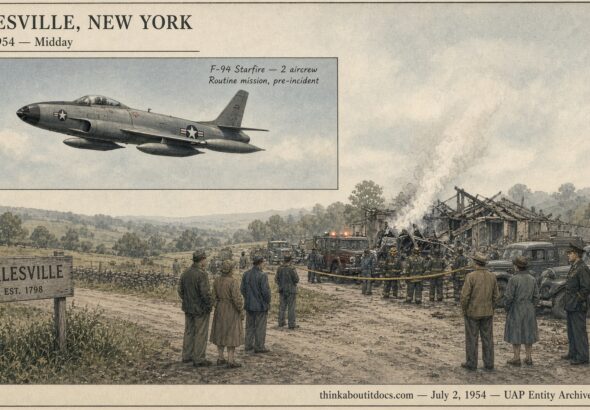 Restrained illustration of an F-94 Starfire jet in flight and a small New York hamlet crash site, July 2, 1954