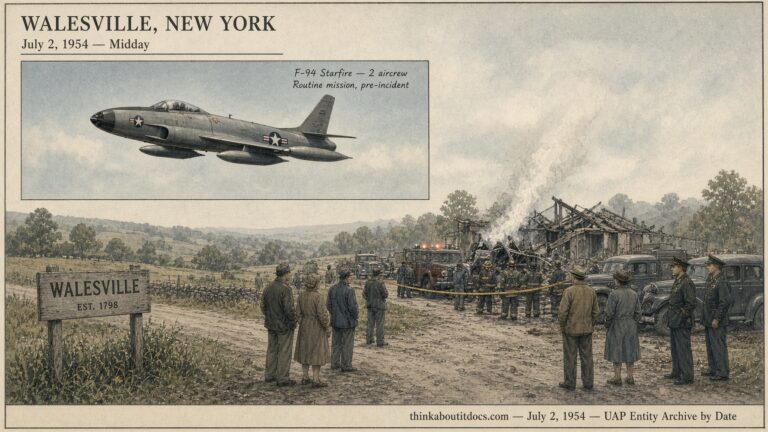Restrained illustration of an F-94 Starfire jet in flight and a small New York hamlet crash site, July 2, 1954