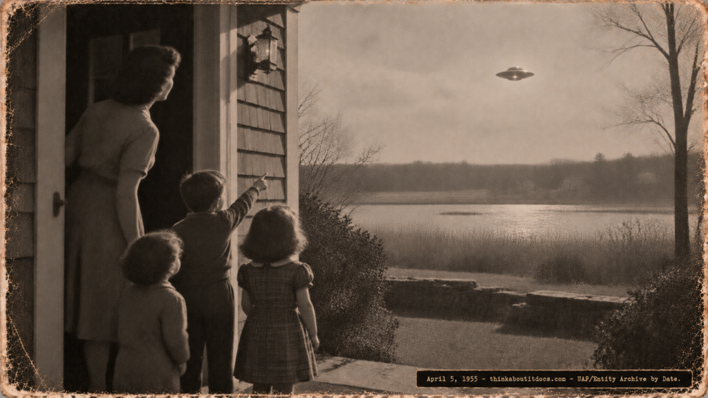 1950s-style illustration of a Navy physicist and her children at their front door watching a silver disc over Almy Pond, Newport, Rhode Island in April 1955.