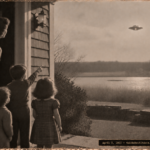 1950s-style illustration of a Navy physicist and her children at their front door watching a silver disc over Almy Pond, Newport, Rhode Island in April 1955.
