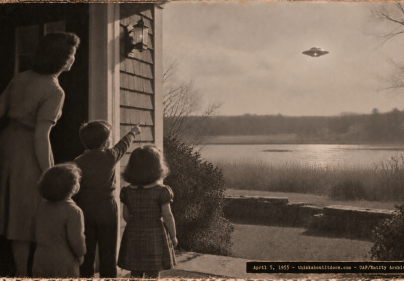 1950s-style illustration of a Navy physicist and her children at their front door watching a silver disc over Almy Pond, Newport, Rhode Island in April 1955.