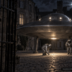 Illustration of the 1955 Dinan, France UFO encounter with two Michelin Man-type entities witnessed by M. Droguet