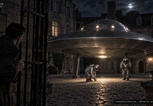 Illustration of the 1955 Dinan, France UFO encounter with two Michelin Man-type entities witnessed by M. Droguet