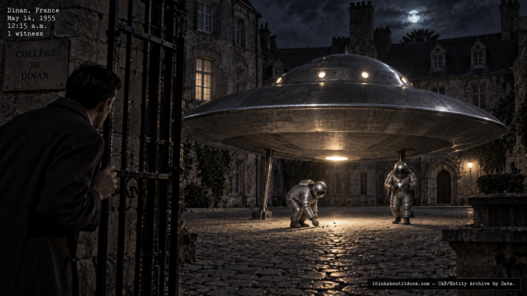 Illustration of the 1955 Dinan, France UFO encounter with two Michelin Man-type entities witnessed by M. Droguet
