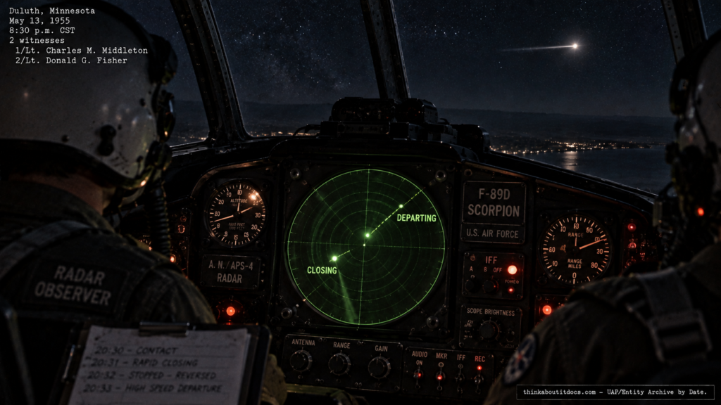 Illustration of the 1955 Duluth, Minnesota F-89D Scorpion radar intercept of an unidentified target