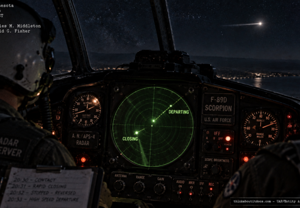 Illustration of the 1955 Duluth, Minnesota F-89D Scorpion radar intercept of an unidentified target