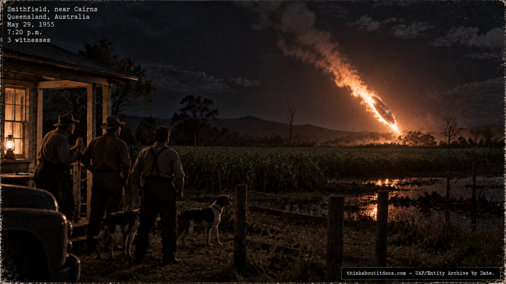 Illustration of the 1955 Smithfield, Australia UFO that landed and departed four times near a cane field