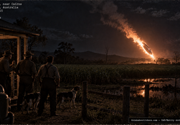 Illustration of the 1955 Smithfield, Australia UFO that landed and departed four times near a cane field
