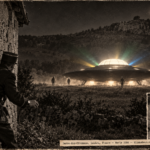 1950s-style French press illustration of two uniformed gendarmes pressed against a barn wall by a hot wind, watching a landed black disc with an illuminated white dome and colored rays 50 yards away in a Lozère field at night, with four silhouettes at the craft's perimeter and a luminous probe ball over a distant hilltop, and an inset close-up of a stopped wristwatch, early 1956.
