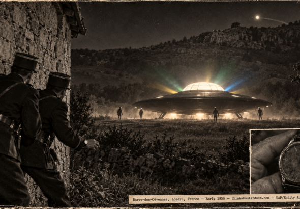 1950s-style French press illustration of two uniformed gendarmes pressed against a barn wall by a hot wind, watching a landed black disc with an illuminated white dome and colored rays 50 yards away in a Lozère field at night, with four silhouettes at the craft's perimeter and a luminous probe ball over a distant hilltop, and an inset close-up of a stopped wristwatch, early 1956.