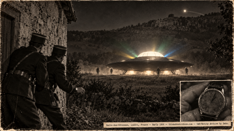 1950s-style French press illustration of two uniformed gendarmes pressed against a barn wall by a hot wind, watching a landed black disc with an illuminated white dome and colored rays 50 yards away in a Lozère field at night, with four silhouettes at the craft's perimeter and a luminous probe ball over a distant hilltop, and an inset close-up of a stopped wristwatch, early 1956.