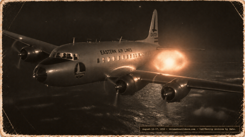 1950s-style illustration of a Douglas DC-4 Eastern Airlines aircraft flying at night near the Azores with an intensely bright orange-white pulsating light floating alongside it at dangerously close range, August 1956.