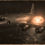 1950s-style illustration of a Douglas DC-4 Eastern Airlines aircraft flying at night near the Azores with an intensely bright orange-white pulsating light floating alongside it at dangerously close range, August 1956.